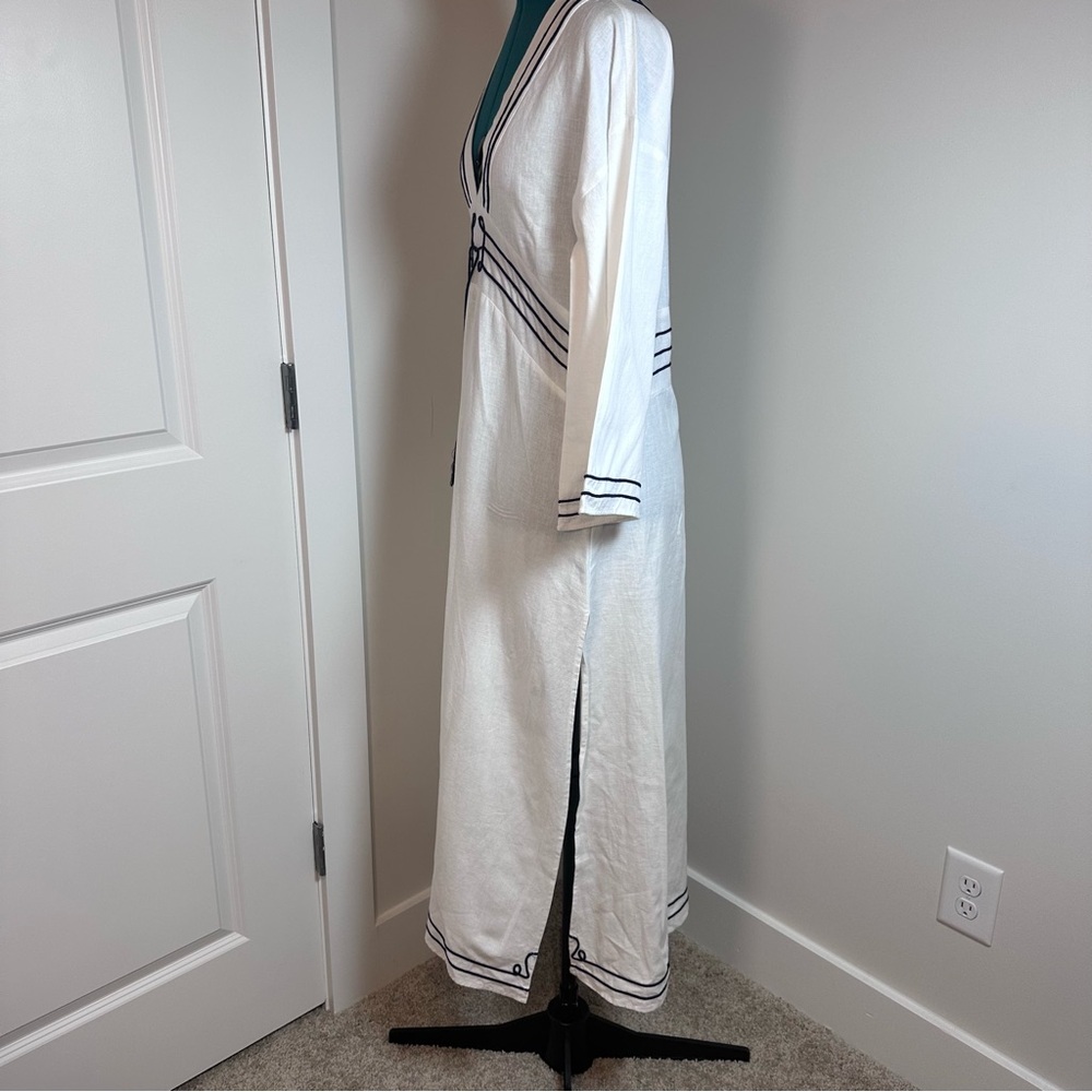 White Maxi Dress with Navy Trim and Tassel Tie - Picture 5 of 13